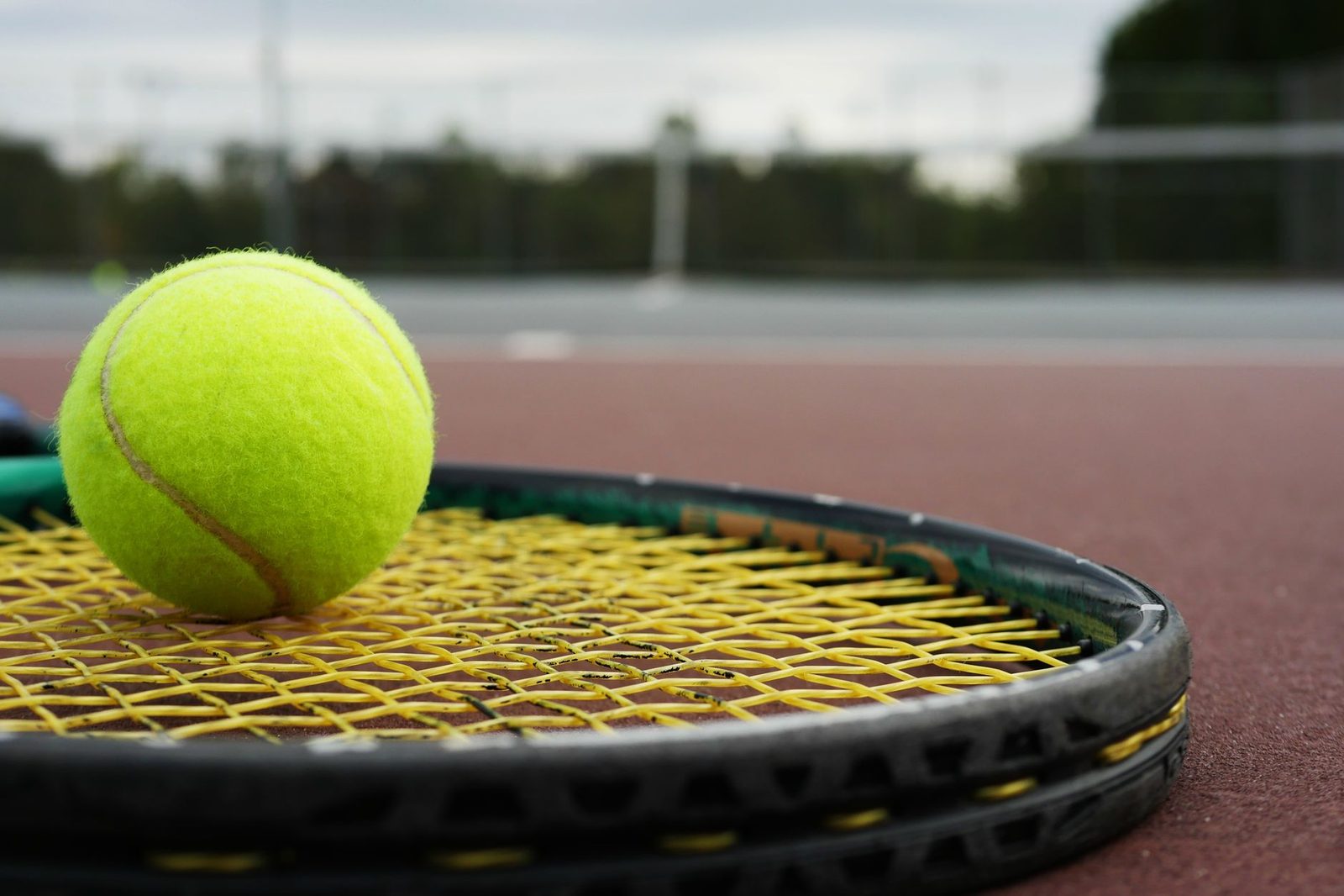 A tennis ball resting on racquet strings against a blurred court background