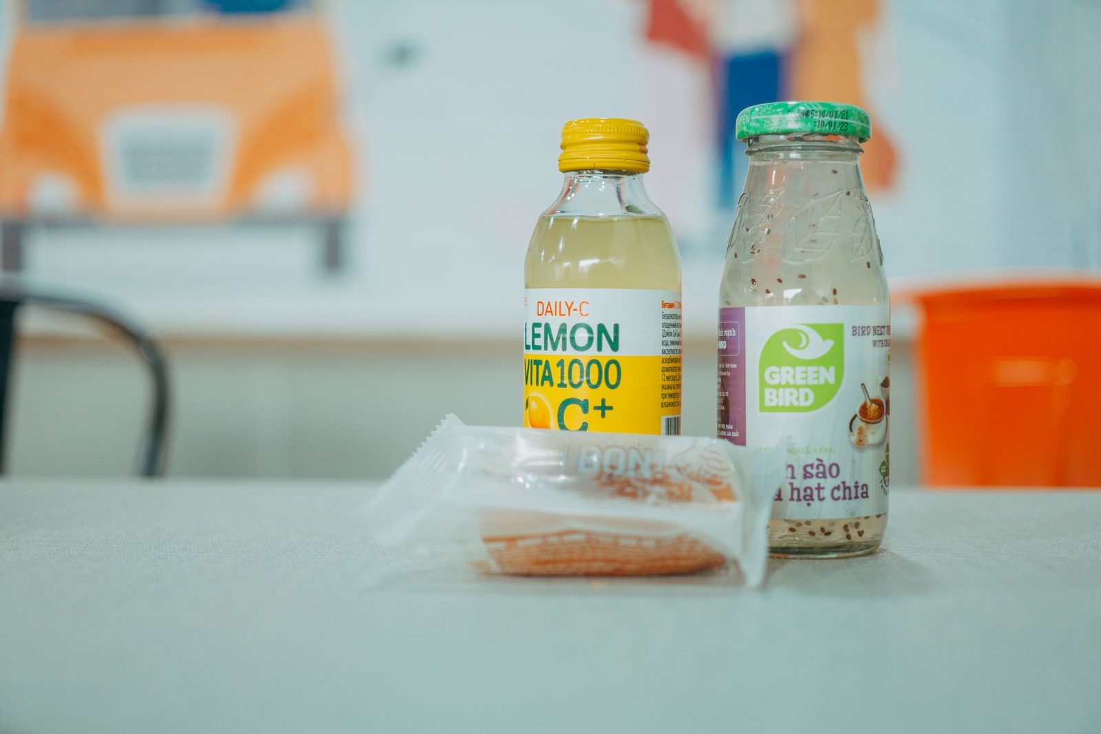 Drinks and a snack on a table after exercise