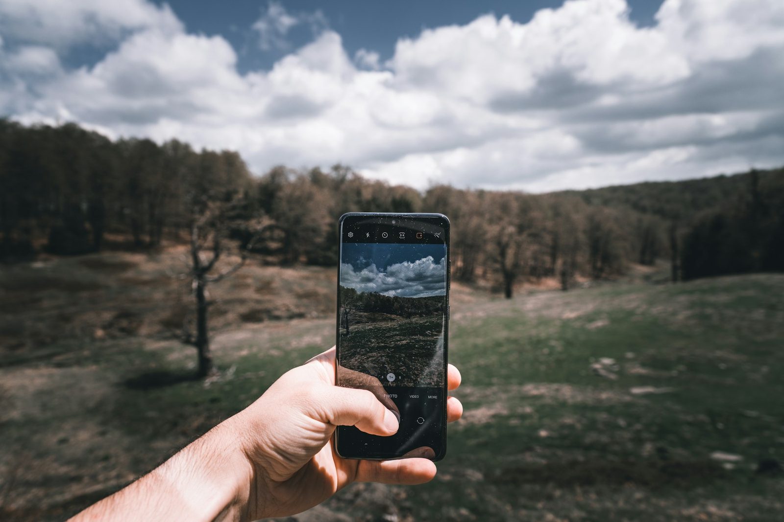 A person filming a field using a mobile phone
