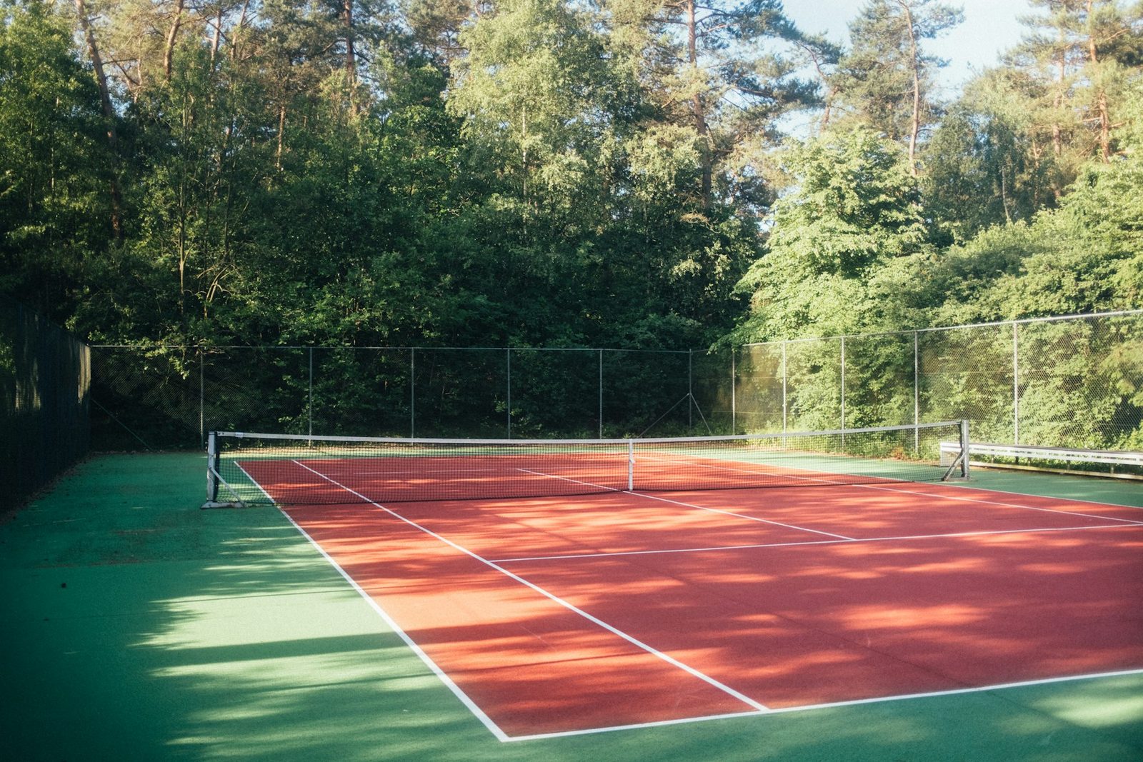 A quiet tennis court with trees behind it