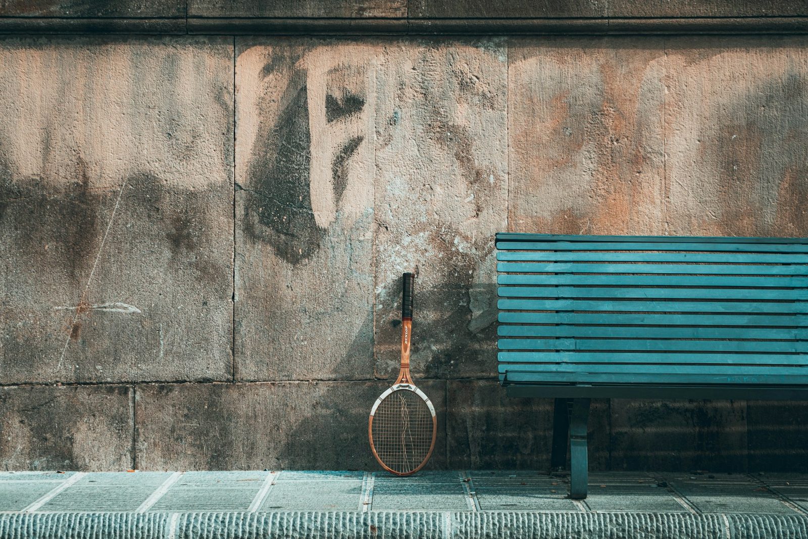 A tennis racquet resting against a grey concrete wall